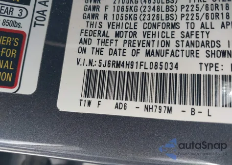 2015 Honda Cr-V Touring from USA, damaged, VIN 5J6RM4H91FL085034